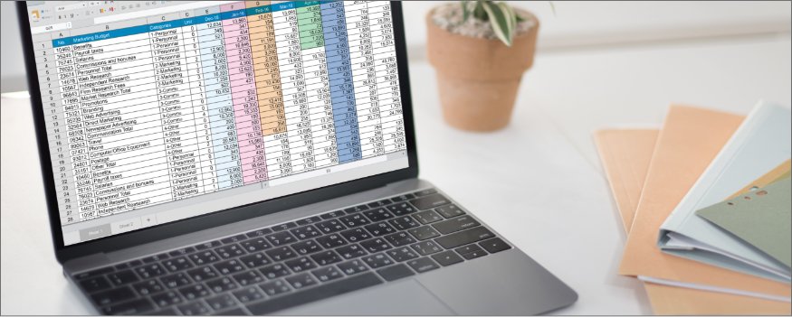 Notebook aberto com planilha de fluxo de caixa aparecendo.