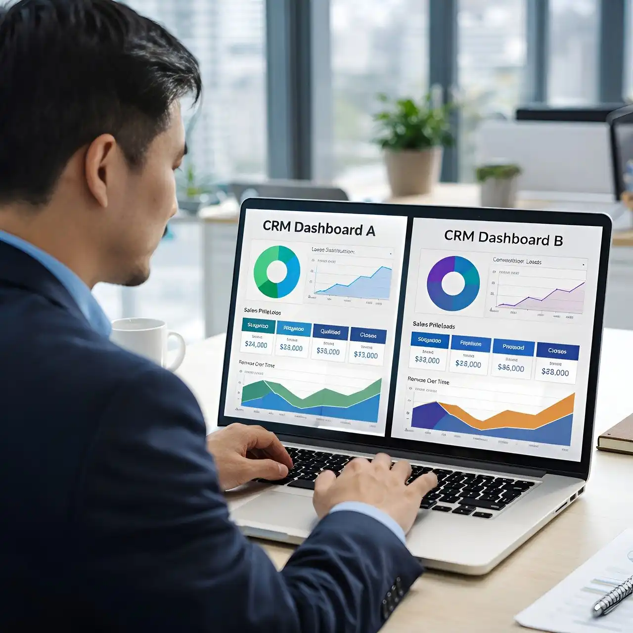 Homem utilizando painel de controle de processos industriais com gráficos de dados para otimizar e melhorar o controle de produção na indústria.