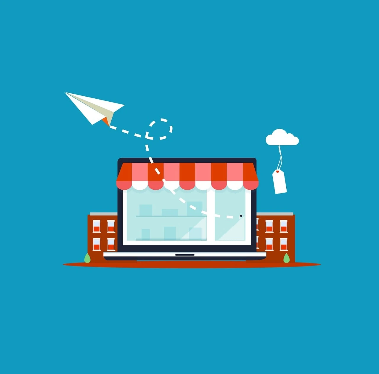 Imagem ilustrativa sobre marketing experiencial, demonstrando uma combinação de elementos digitais e físicos, como um laptop representando o ambiente virtual, uma loja de comércio eletrônico, um balão, uma pipa e edifícios ao fundo, simbolizando a conexão entre experiências digitais e presenciais na estratégia de marcas para conquistar clientes.